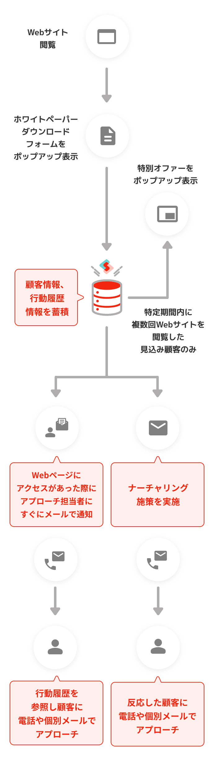 Webサイト閲覧後、ポップアップ表示でホワイトペーパーダウンロードフォームへ誘導。ダウンロードすることでSynergy!に顧客情報、行動履歴情報を取得・蓄積。顧客ごとの情報を参照することで、ナーチャリング施策に反応した顧客に電話や個別メールでアプローチしたり、Webページにアクセスがあった際にアプローチ担当者にすぐメールで通知し行動履歴を参照し顧客に電話や個別メールでアプローチできる。